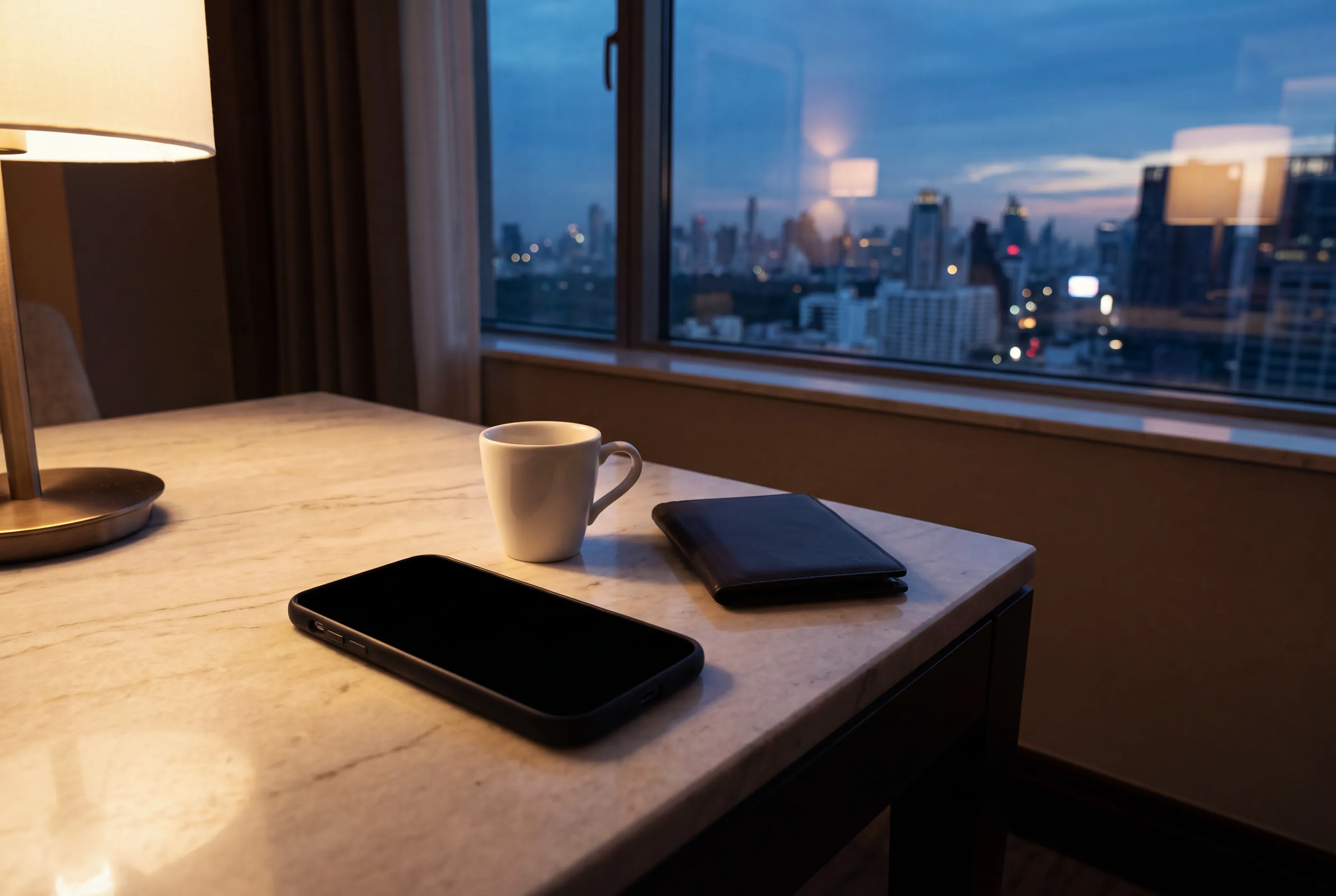 A phone with the Veltracon member app lying on a marble table by a hotel window at dusk