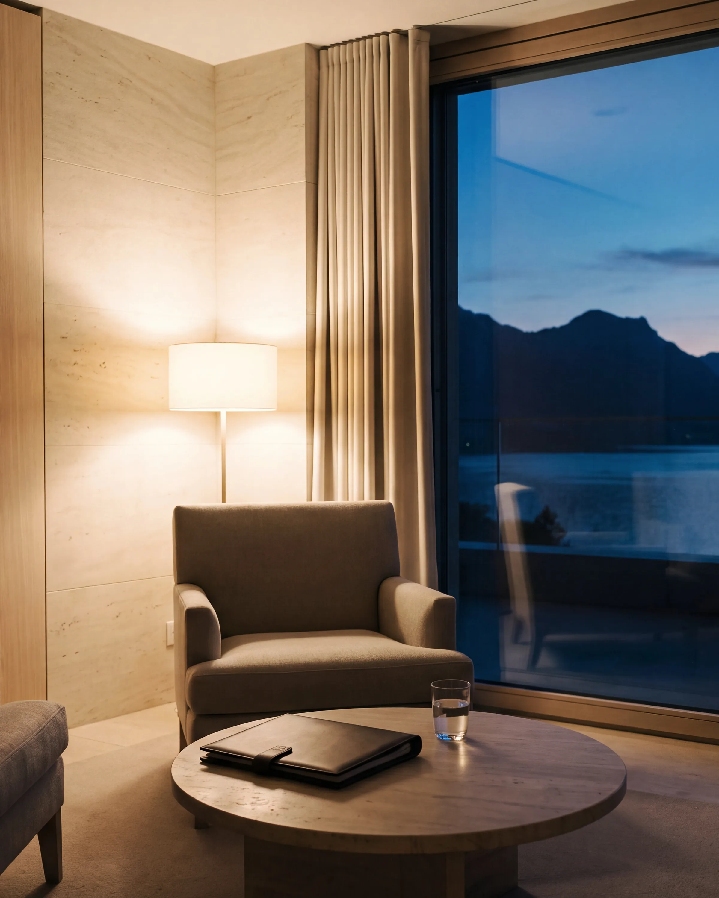 A calm consultation room in a Swiss clinic at dusk, a report folder on the table