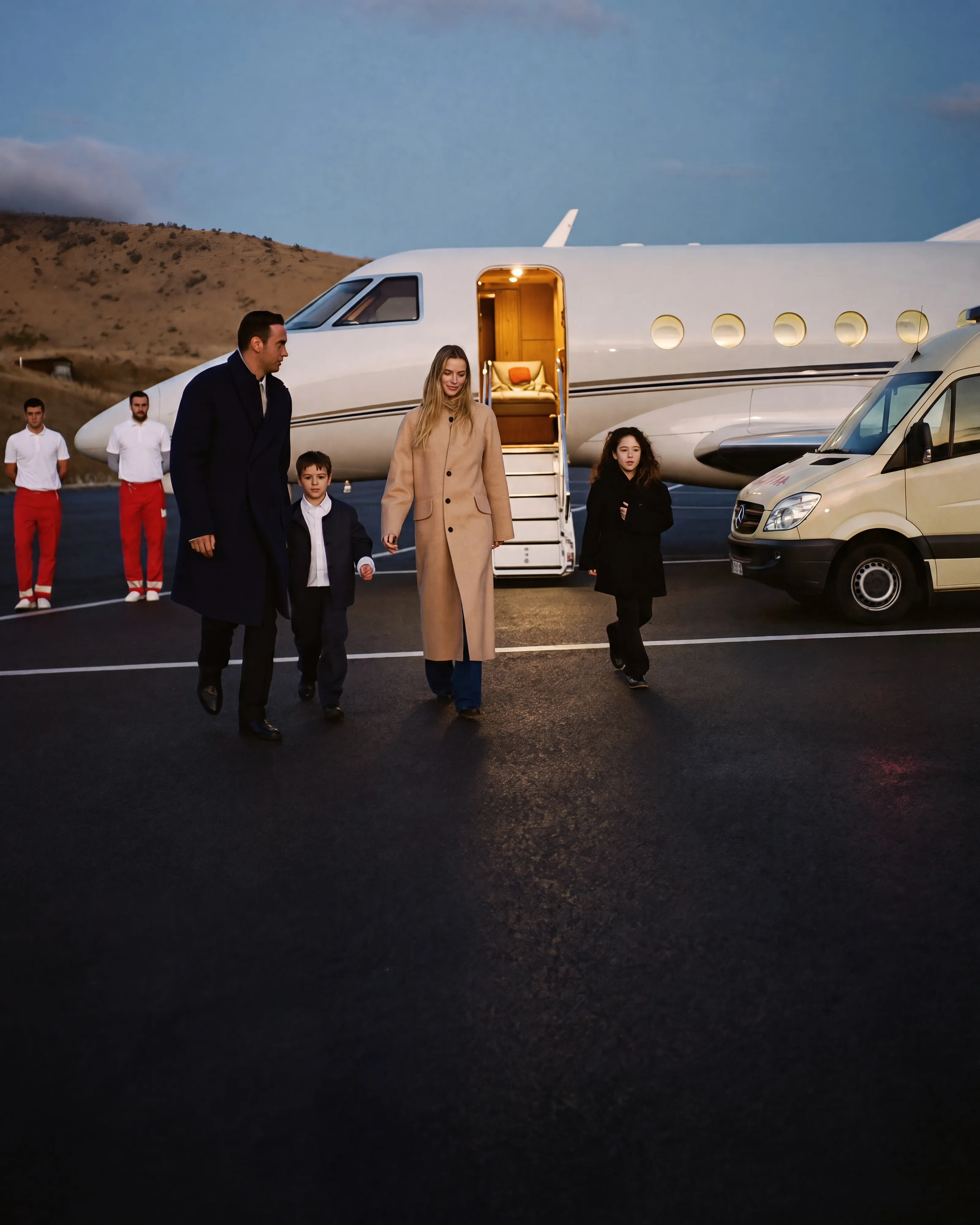 A family walking from a private jet to a waiting van at dusk while a medical team stands by