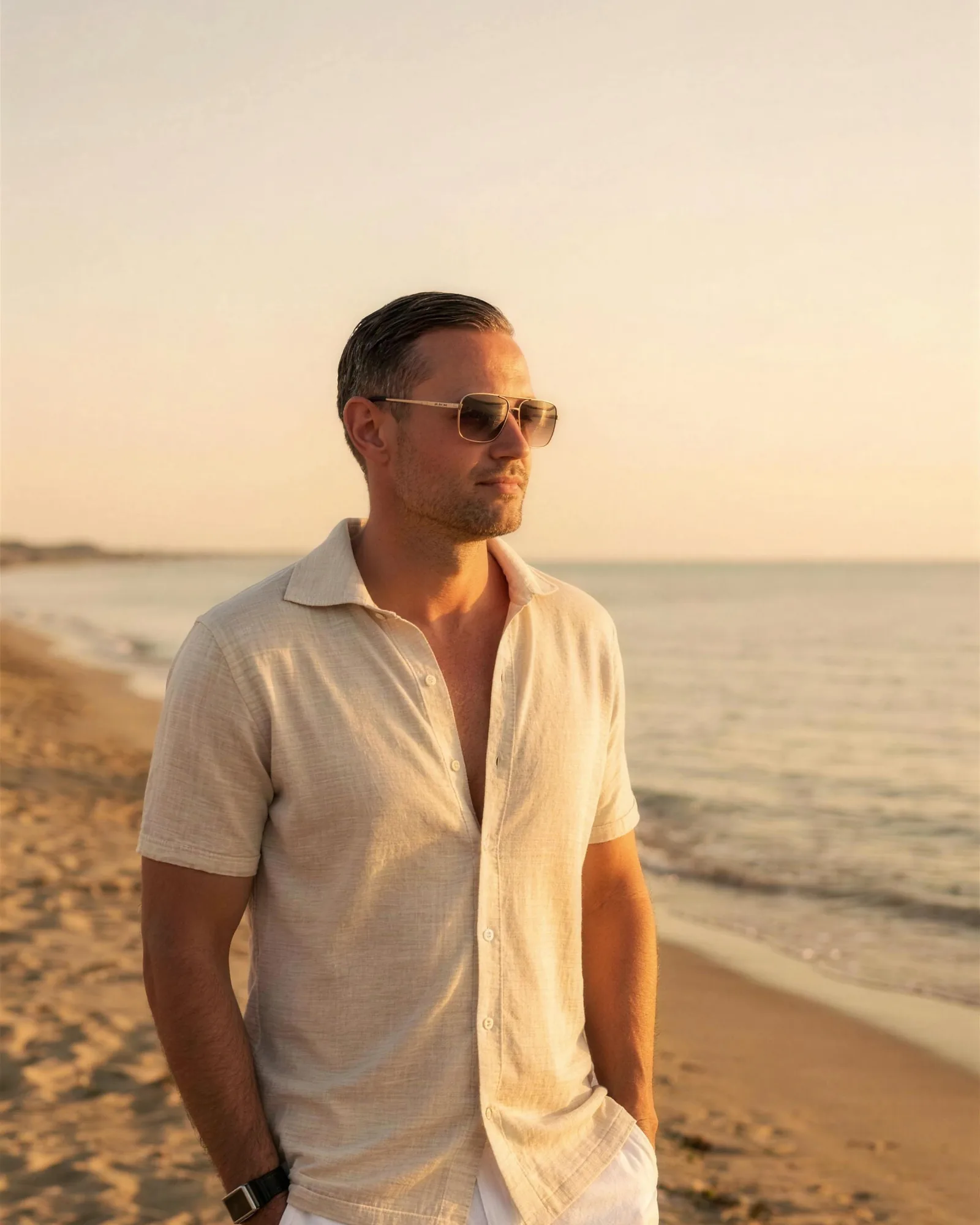 Tim Daum on a beach at golden hour