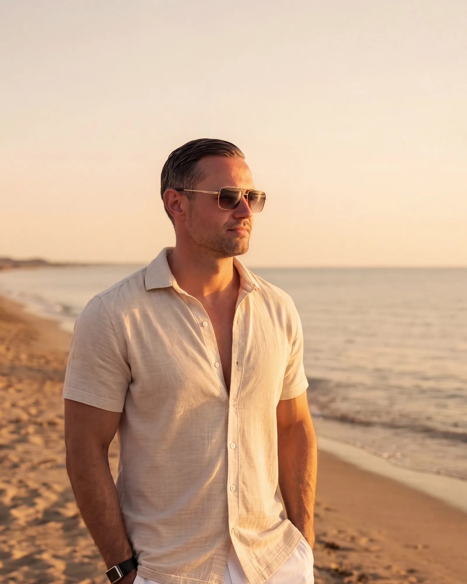 Tim Daum on a beach at golden hour