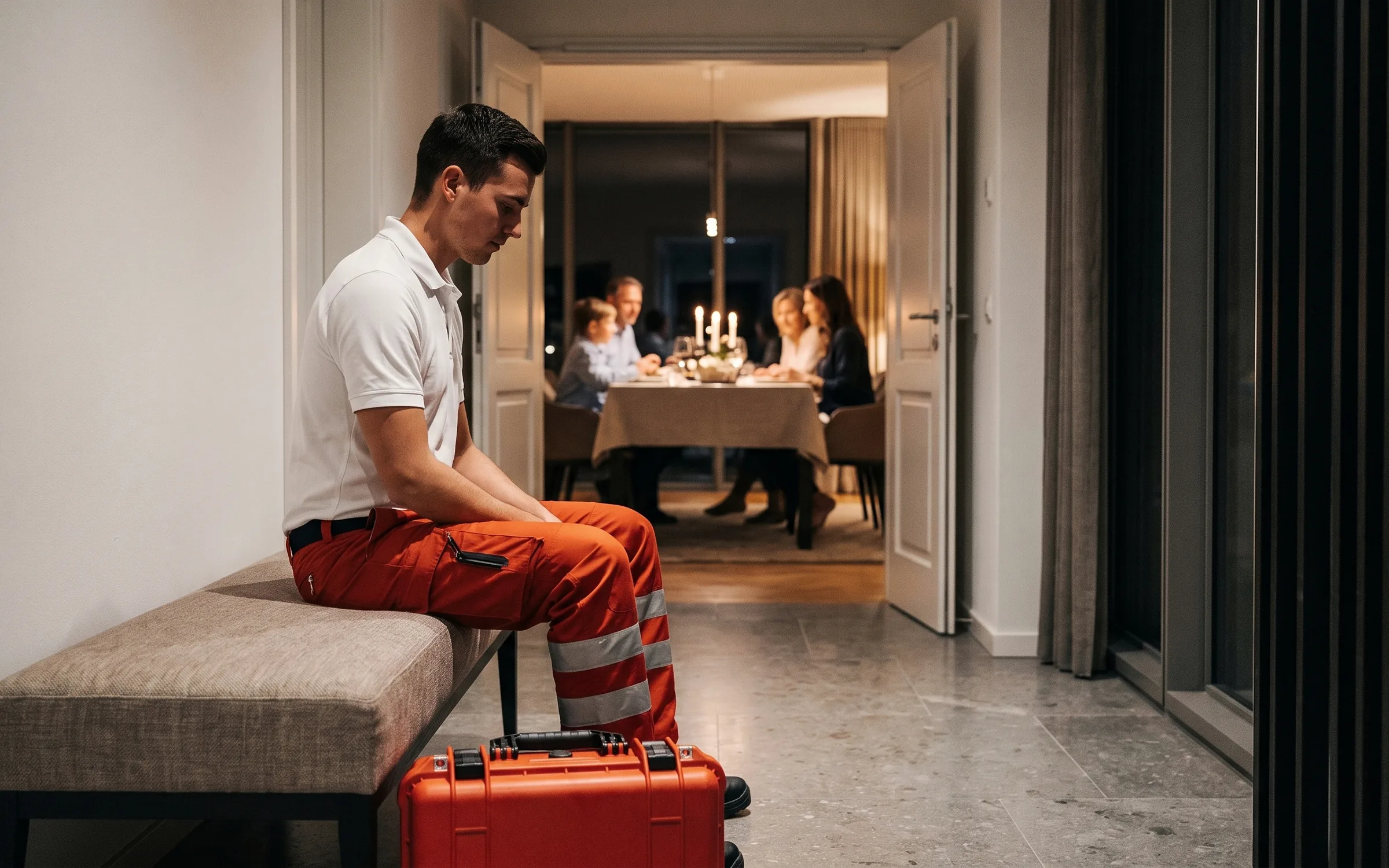 A paramedic waits on a bench in the hall of a residence while the family dines in the room beyond