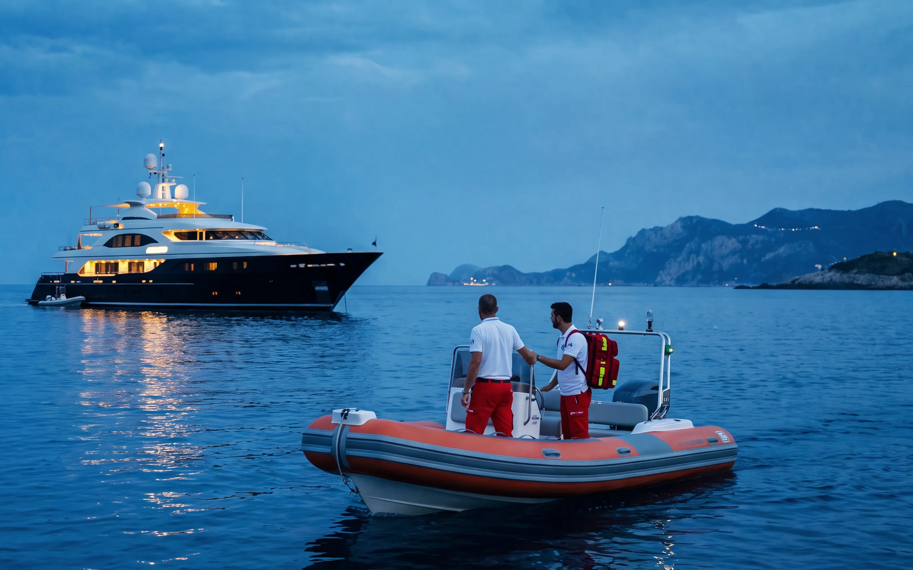 Two paramedics arrive by tender at a yacht at anchor