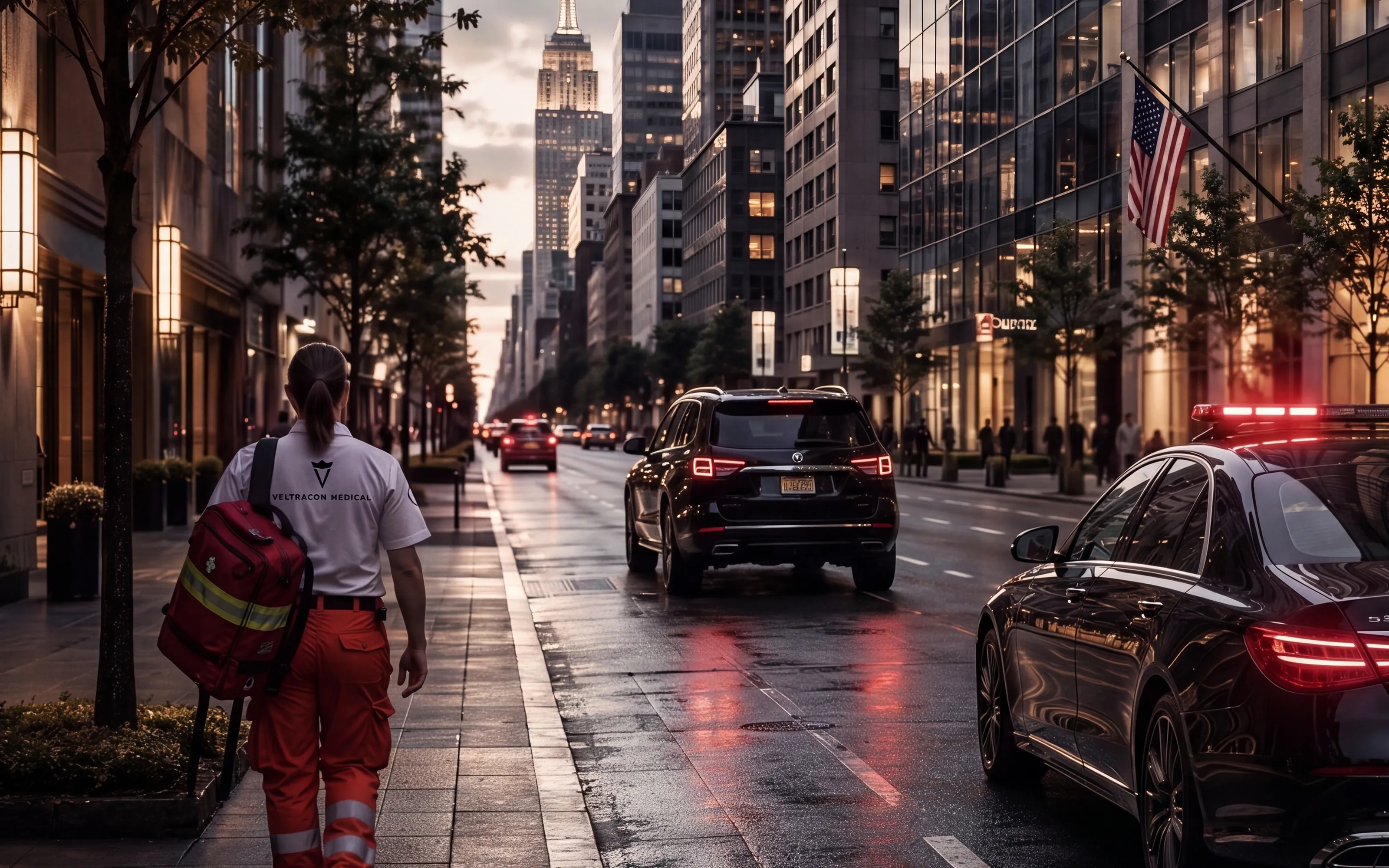 A paramedic with a red backpack walks between cars in a gridlocked city street