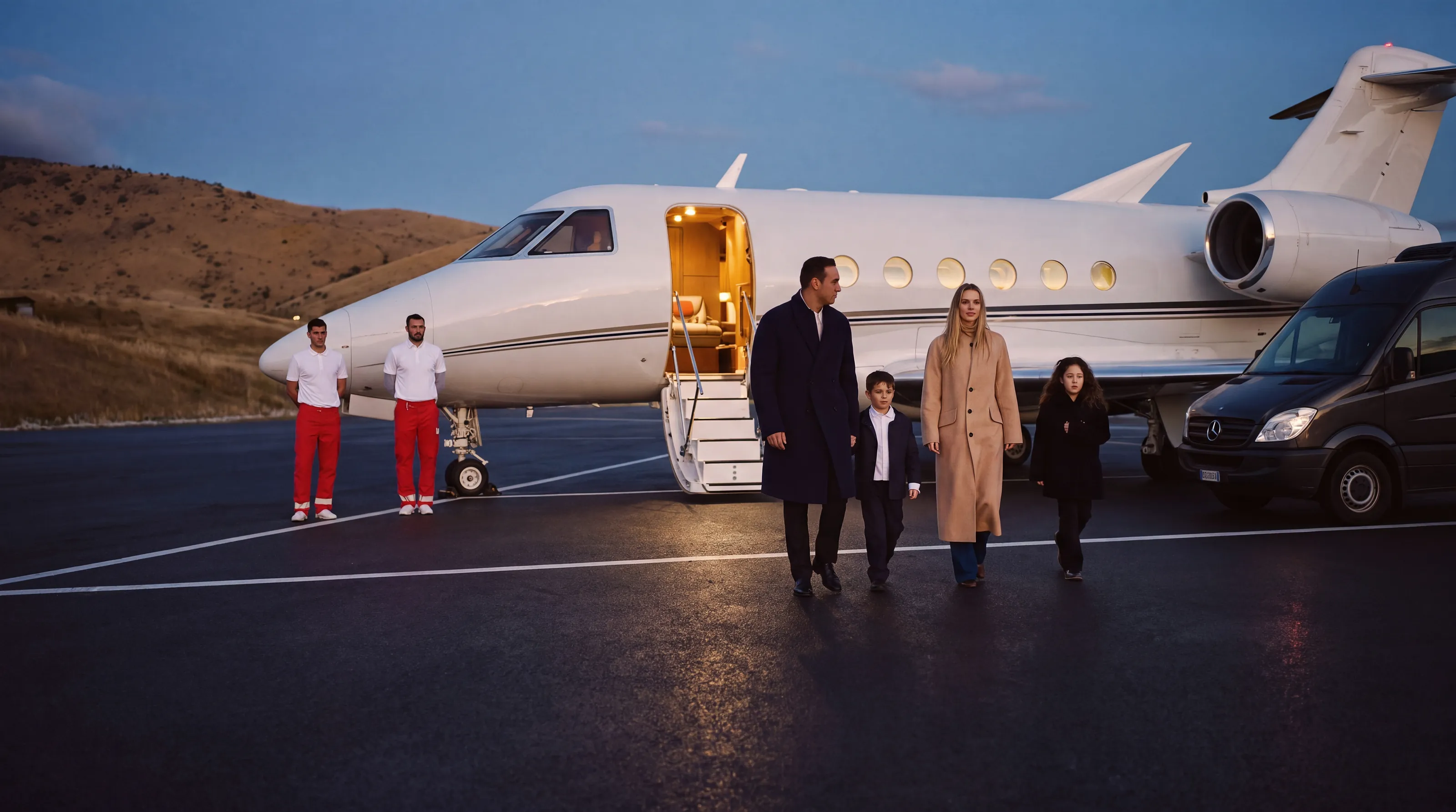 A family walks toward a private jet at dusk while a medical team stands by an ambulance