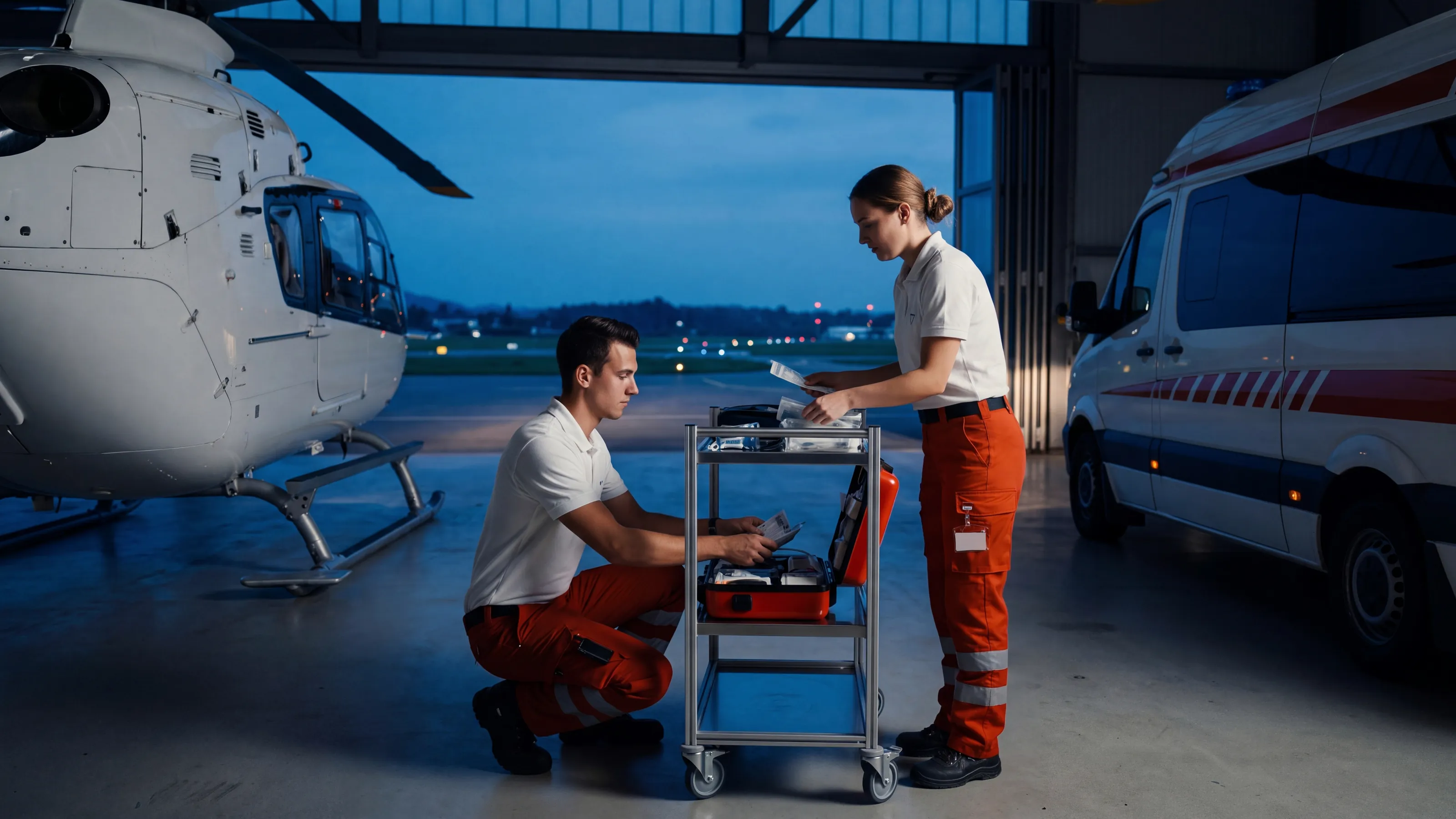 A helicopter and an ambulance in a hangar at night while two paramedics prepare red equipment cases