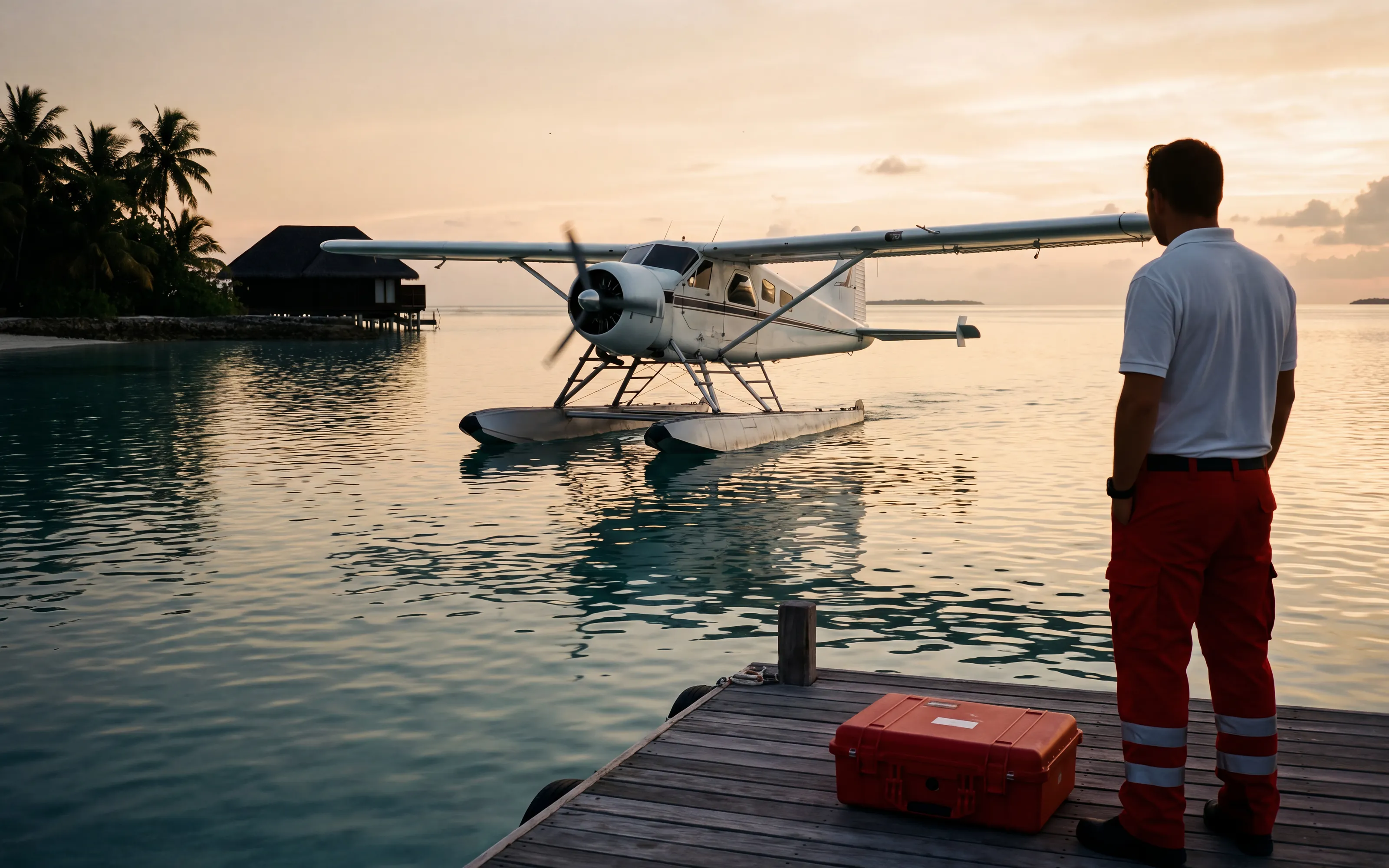 A seaplane at a jetty at dusk with a paramedic waiting