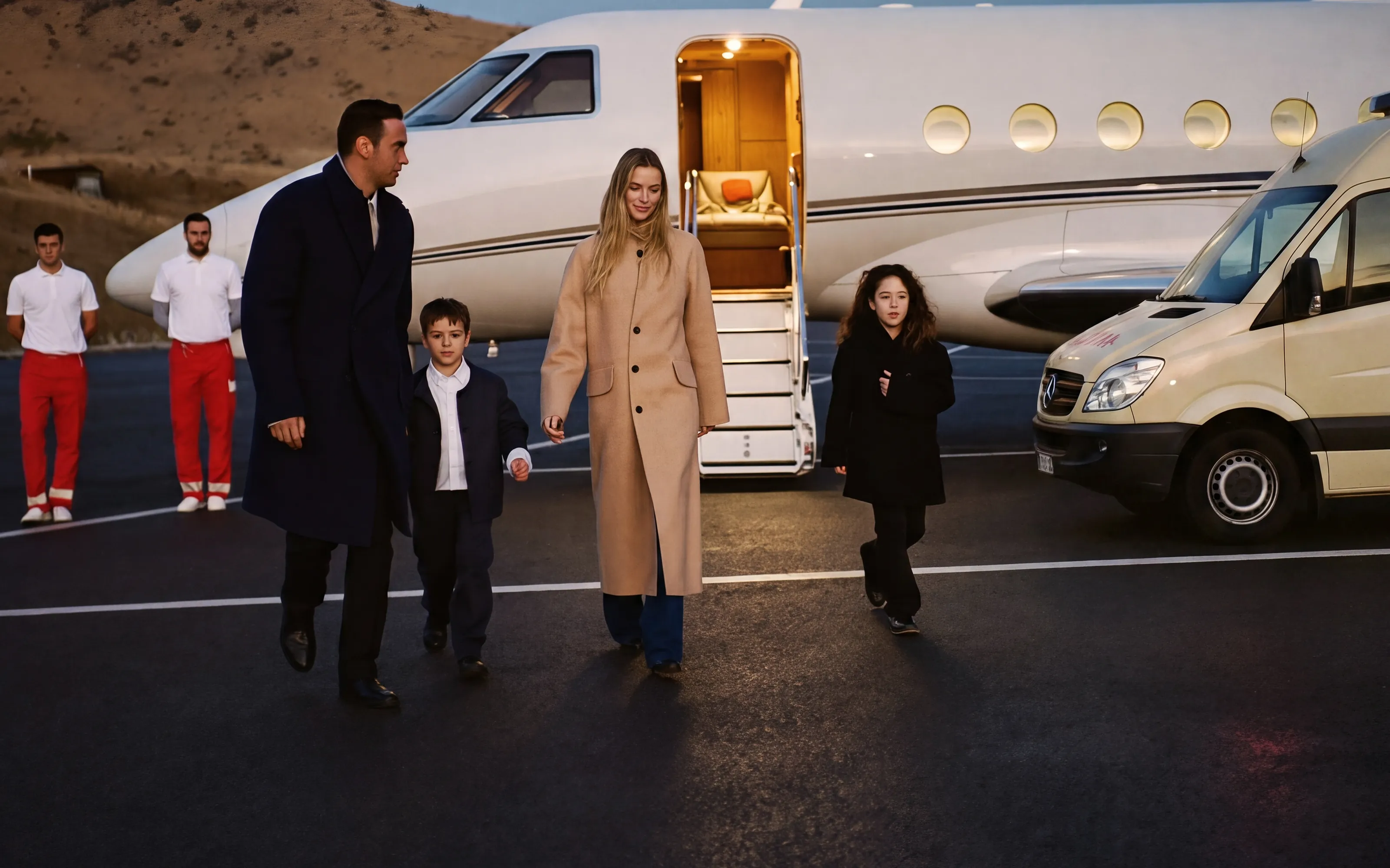 A family with two children walking from a private jet at dusk