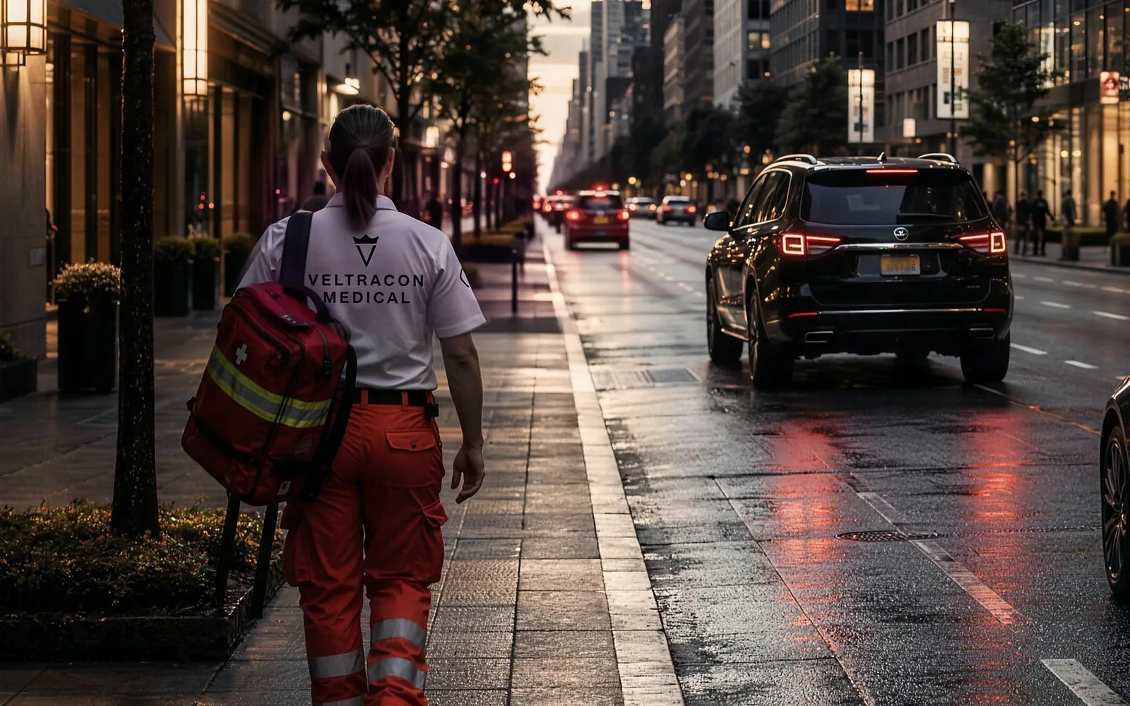 A paramedic walking between cars in a gridlocked city street