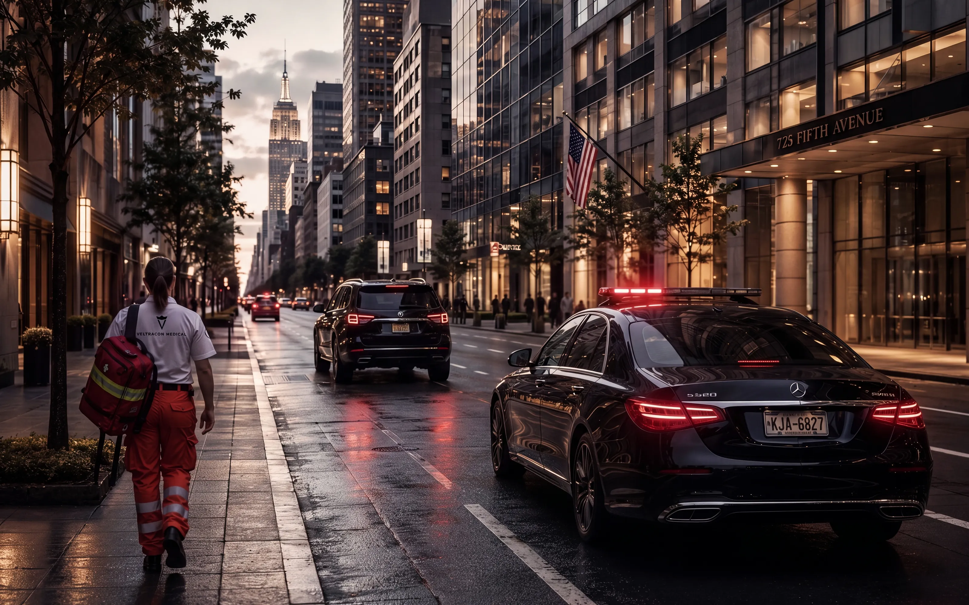 A paramedic walking between cars in a gridlocked city street