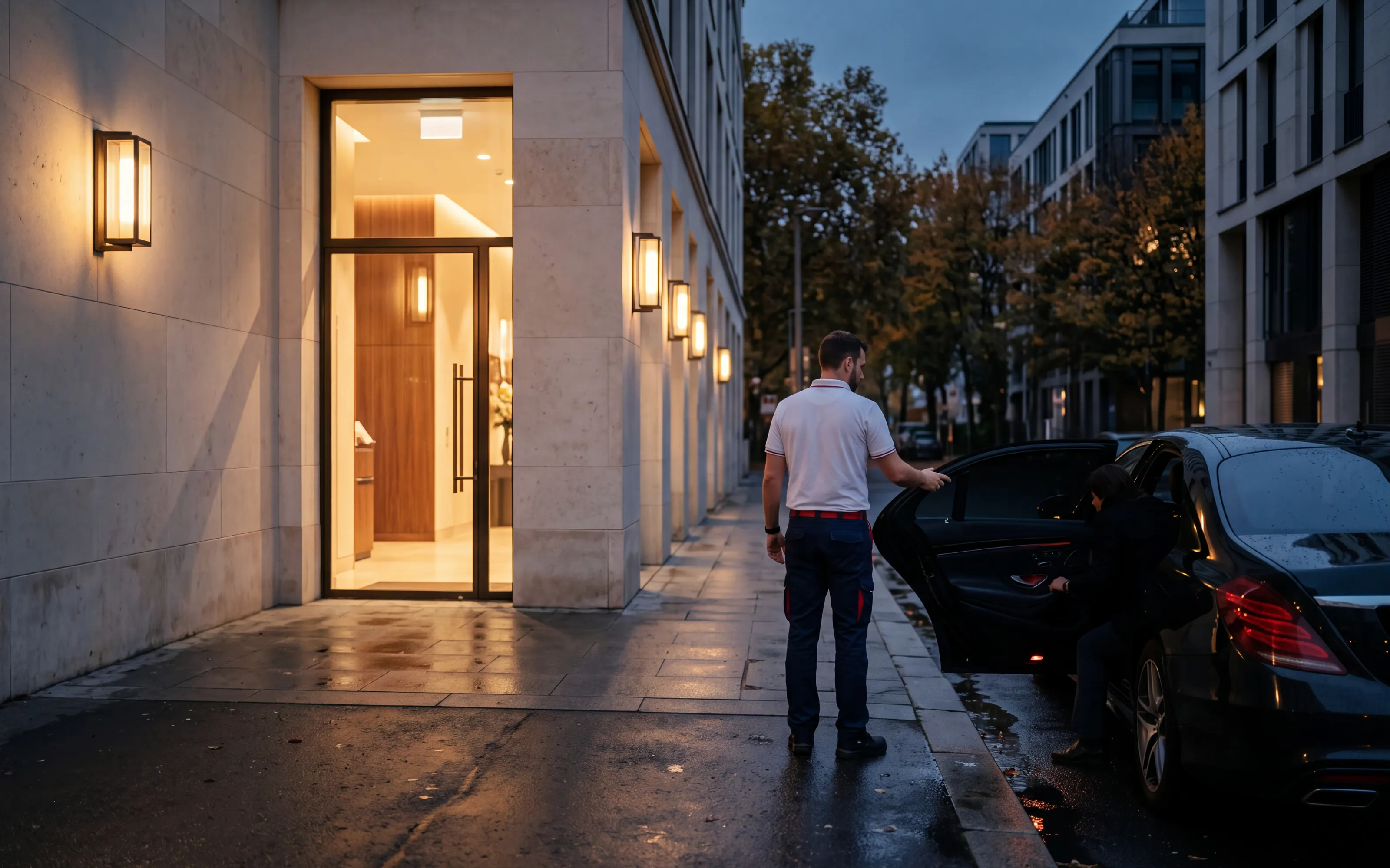 A paramedic holds the door of a black sedan at the discreet entrance of a private clinic at dusk