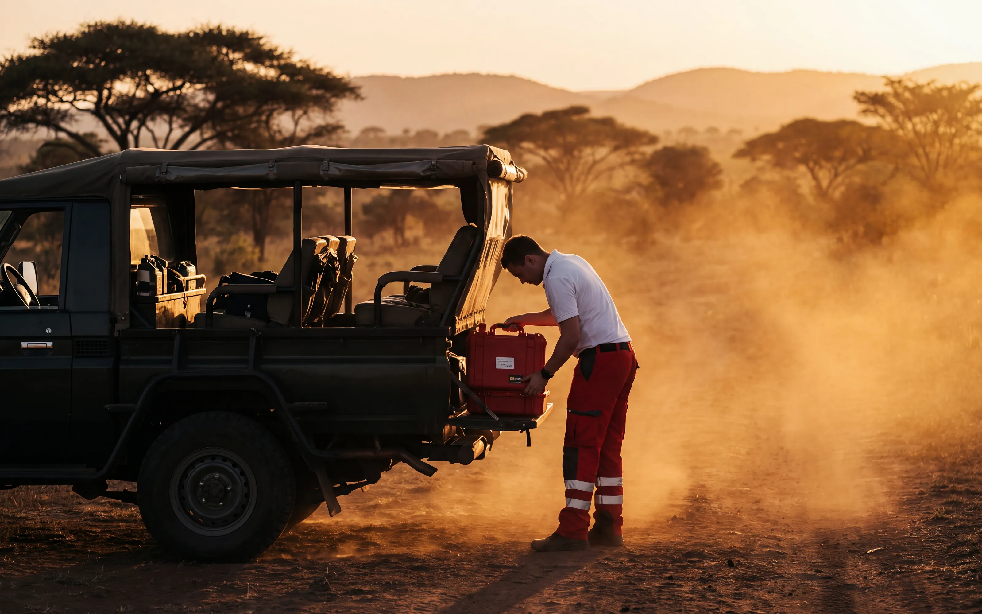 A paramedic unloading a case from a safari vehicle in the savanna