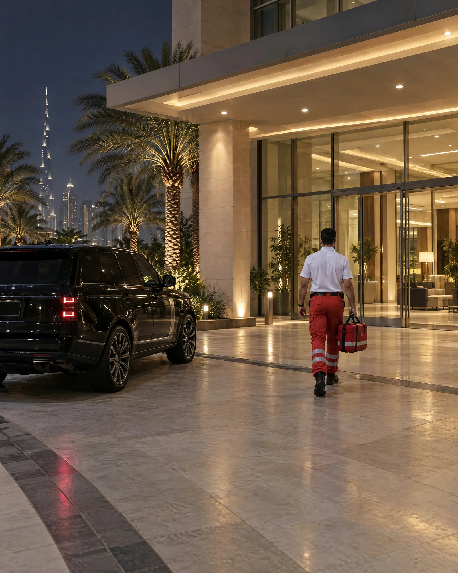 A paramedic with a red medical case walks to the entrance of a private hospital in Dubai at night
