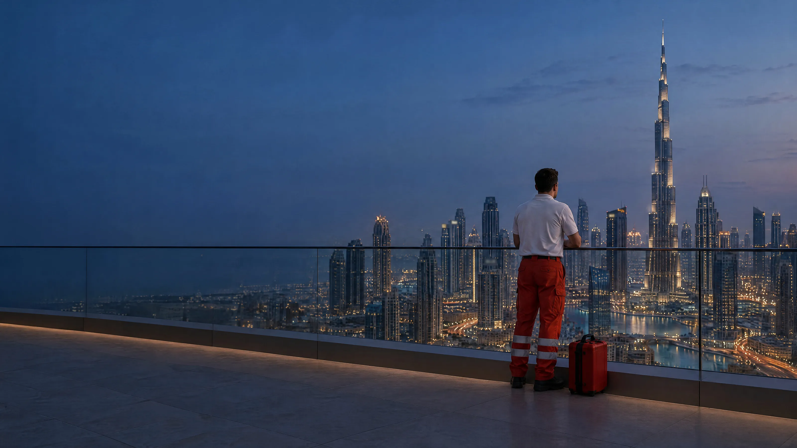 A paramedic on a residence terrace above Downtown Dubai at blue hour, the Burj Khalifa in the distance