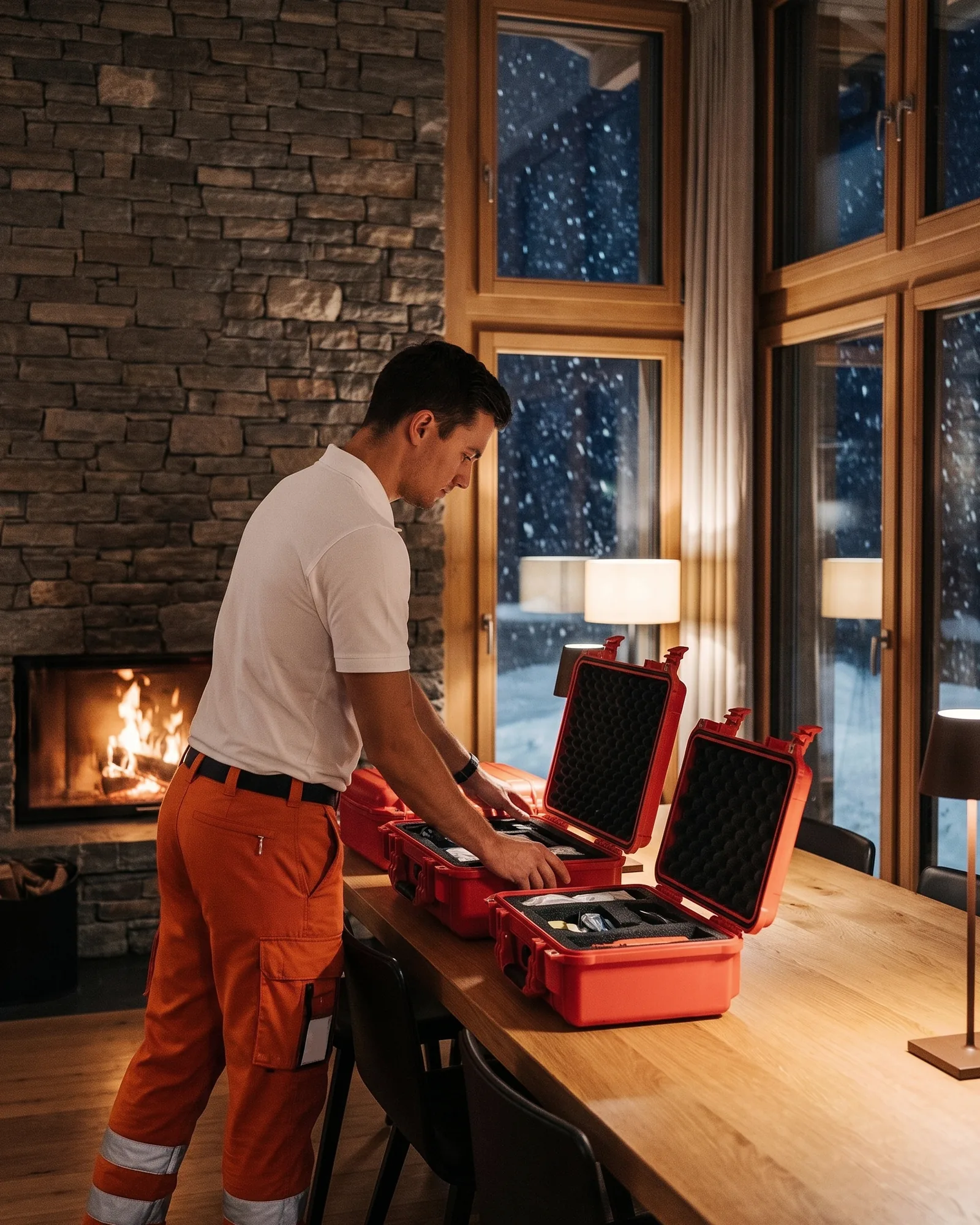 A paramedic lays out red equipment cases on an oak table by the fireplace of a snowbound chalet