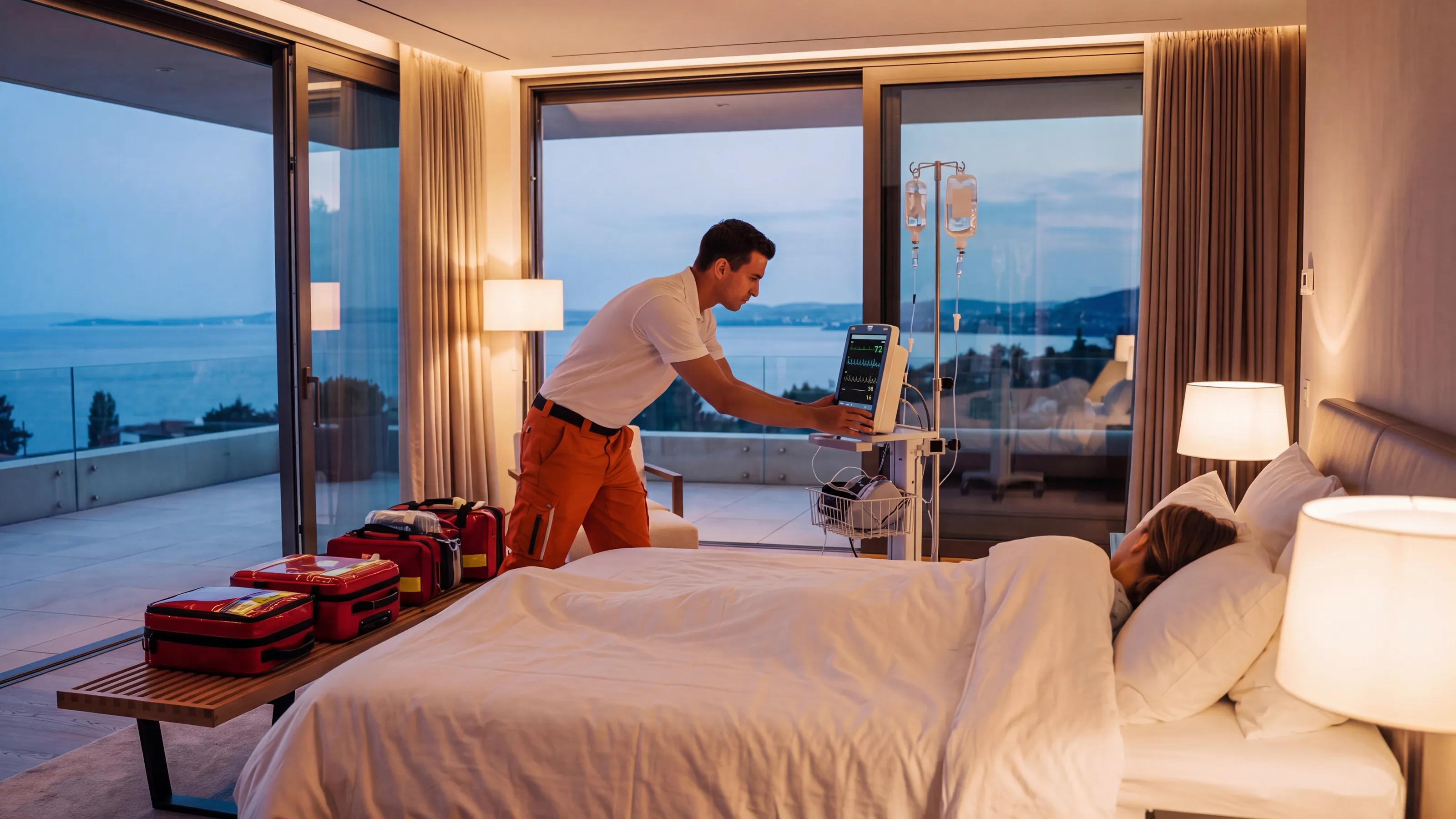 A villa bedroom at dusk set up as a private intensive care room, a nurse checking the monitor beside the bed