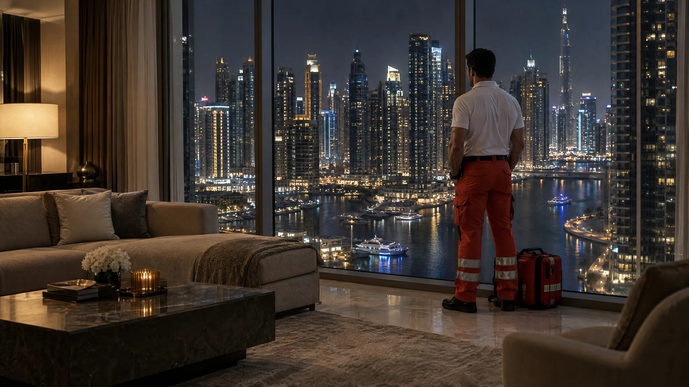 A paramedic looks out over the Dubai skyline from a hotel suite at night, a red medical case at his feet