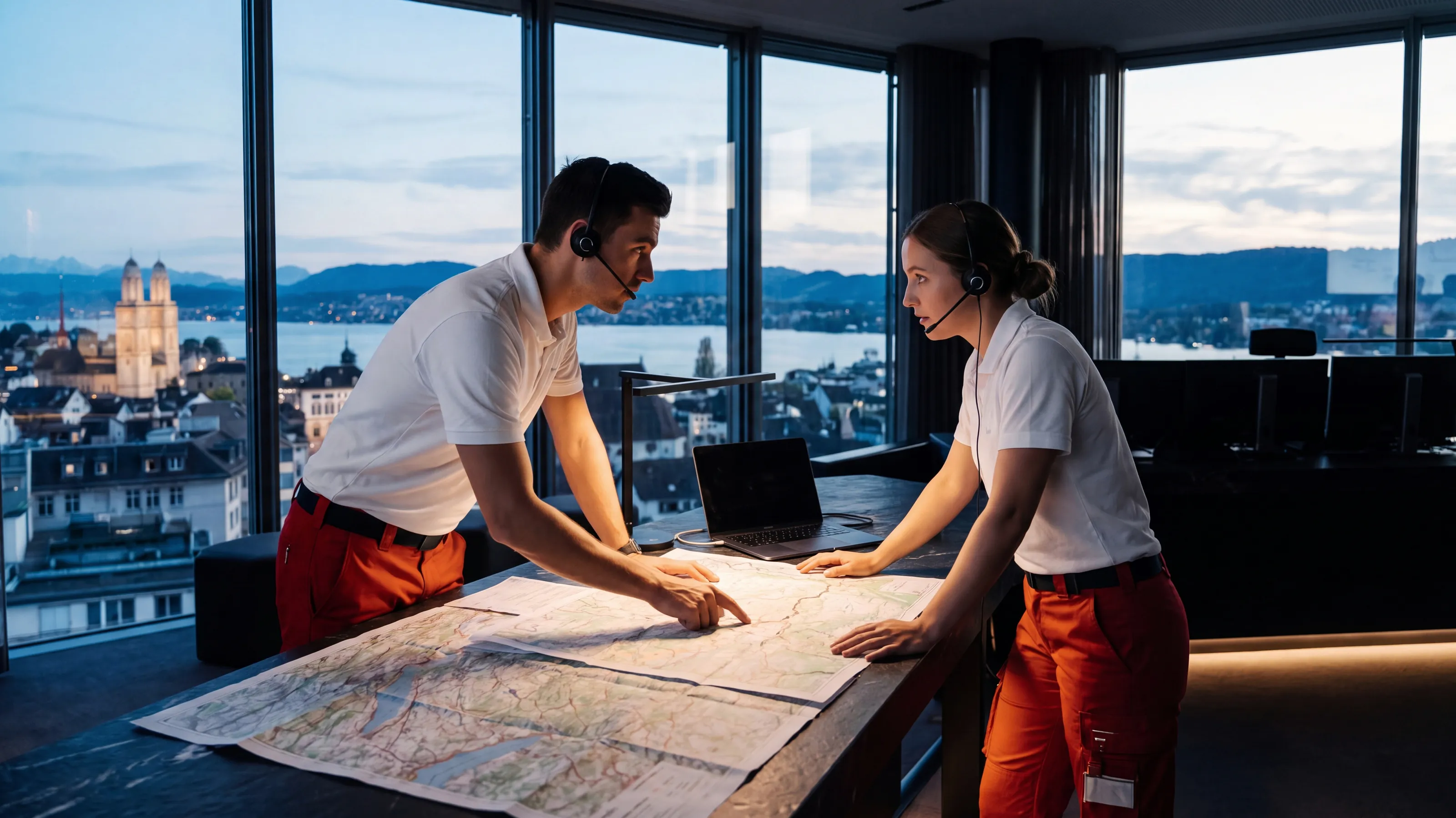 Two members of the medical team plan a route on paper maps in an operations room above Zurich at blue hour