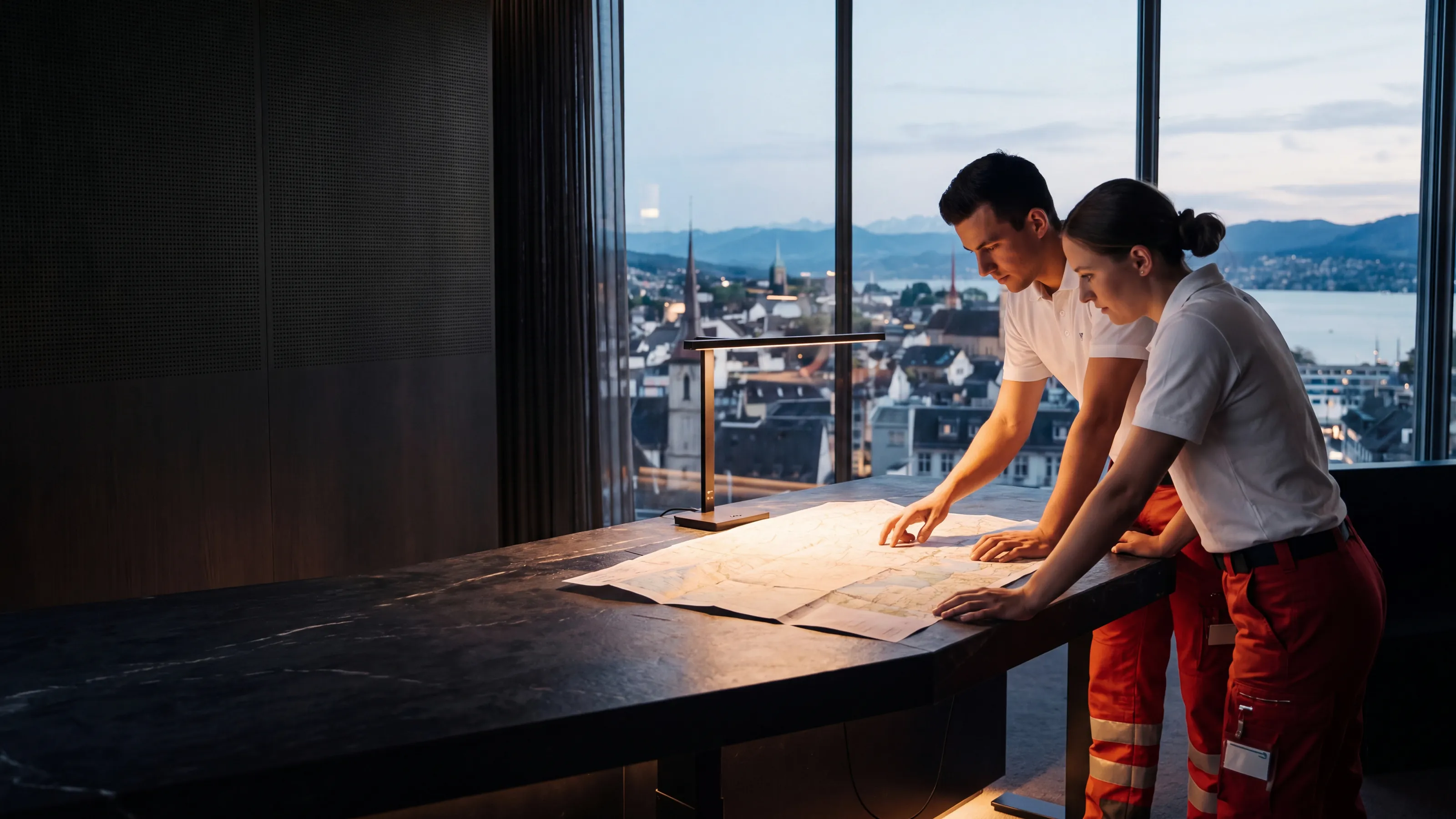Two members of the medical team plan a route on paper maps in an operations room above Zurich at blue hour