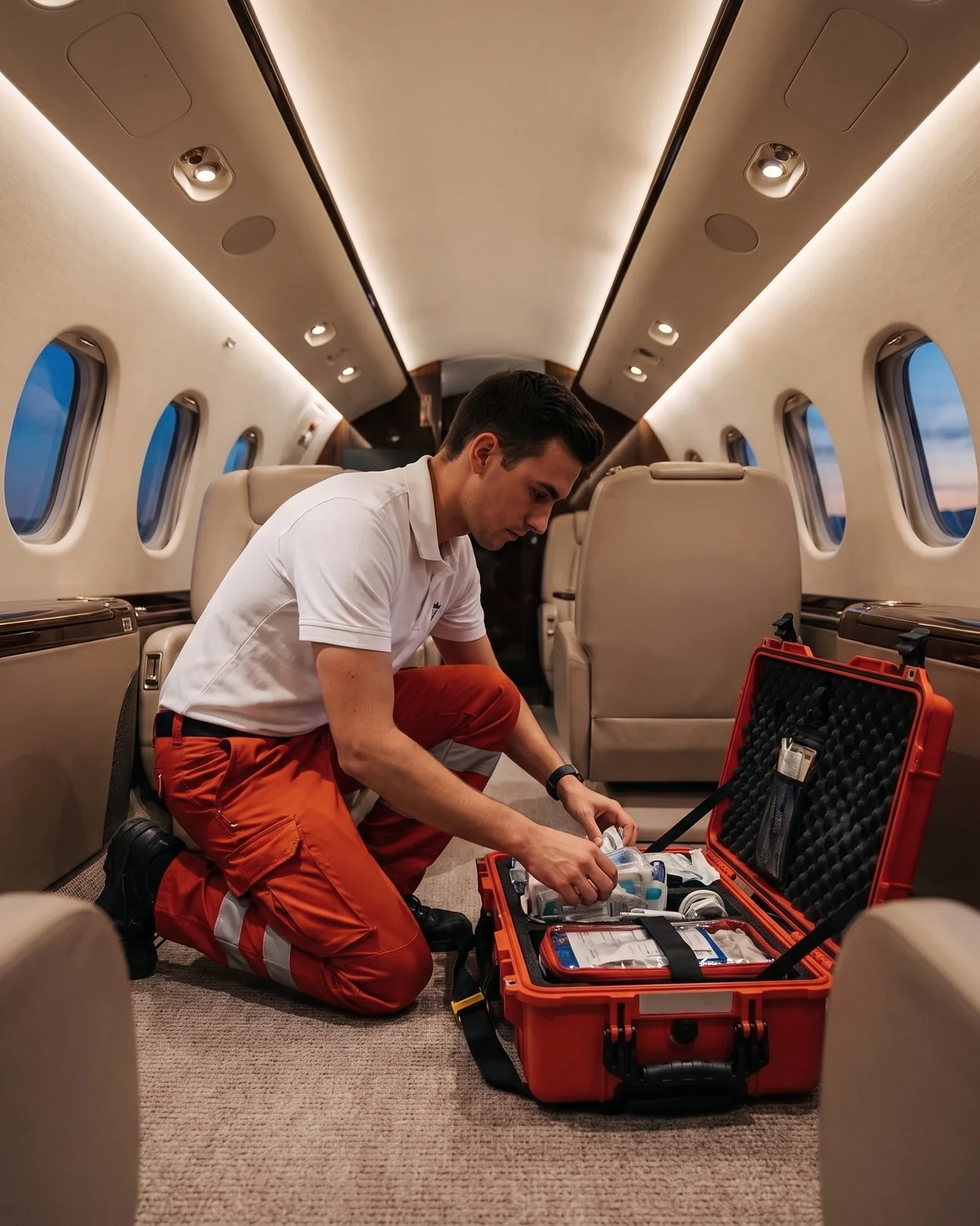 A paramedic checks the equipment in an open red medical case in the cabin of a private jet