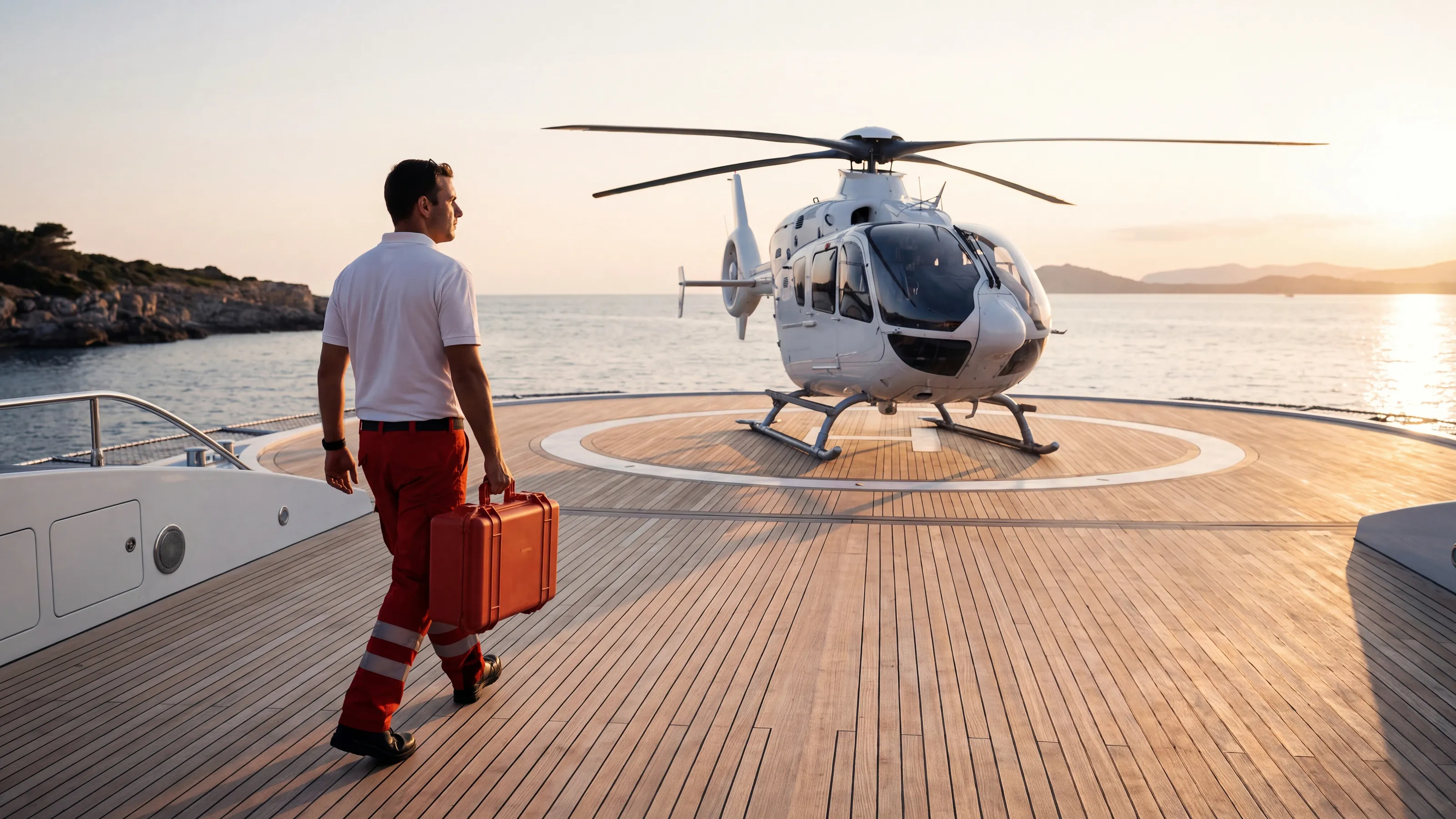 A paramedic carries a red medical case across the aft deck of a superyacht toward its helicopter at sunset