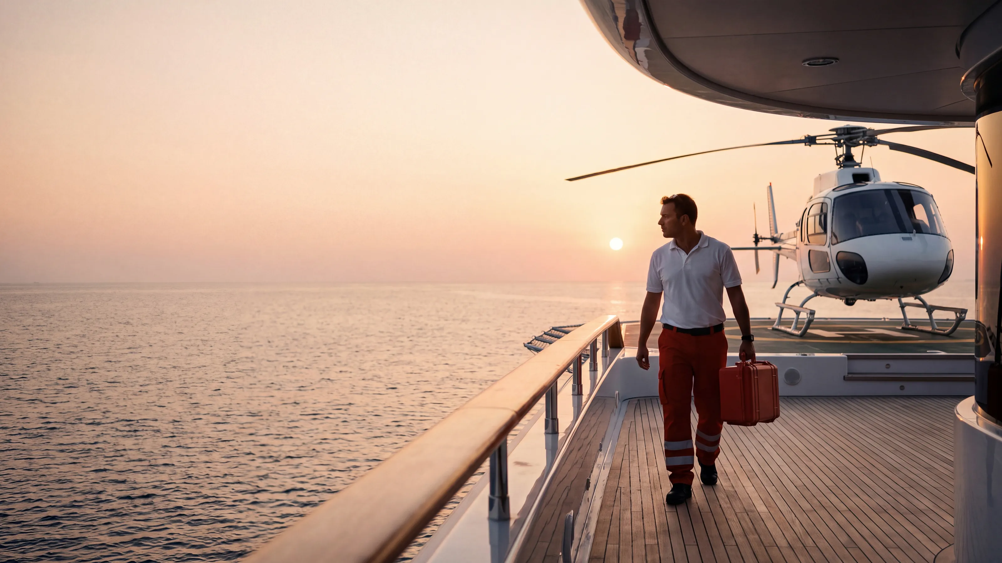 A paramedic carries a red medical case along the teak deck of a superyacht at sunset, the helicopter on its helipad behind him