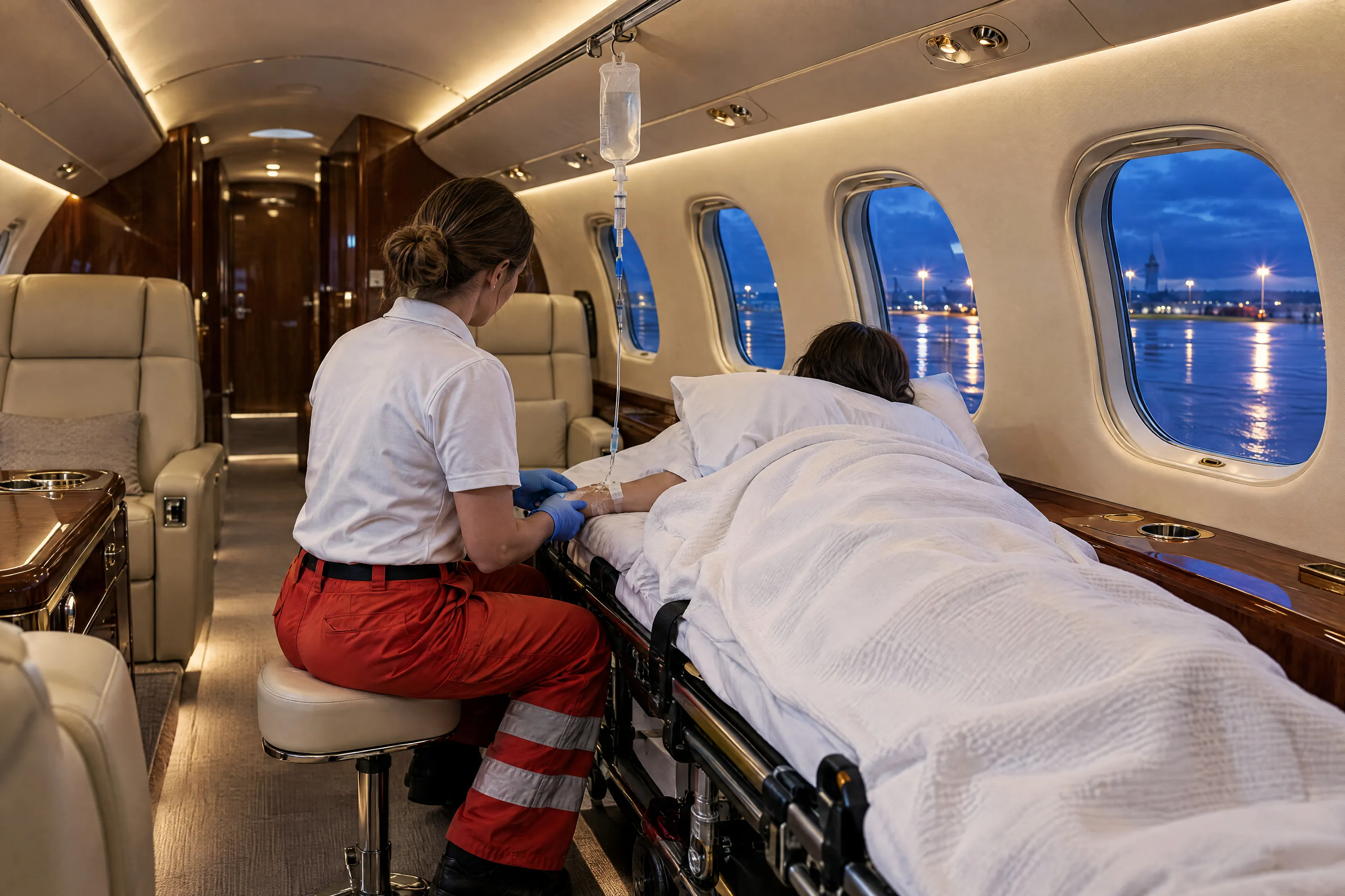A flight nurse in a white polo shirt checks the infusion line at the wrist of a patient resting on a stretcher in a business jet cabin, the wet apron lit outside the windows