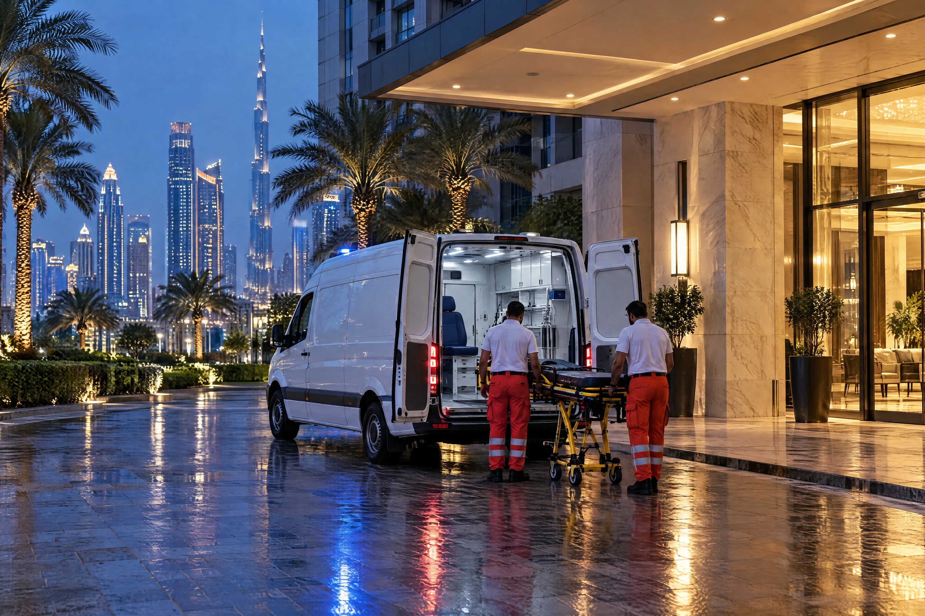 Two paramedics wheel a stretcher towards a plain white ambulance under the entrance canopy of a residential tower in Dubai at dusk, the Burj Khalifa beyond the palms