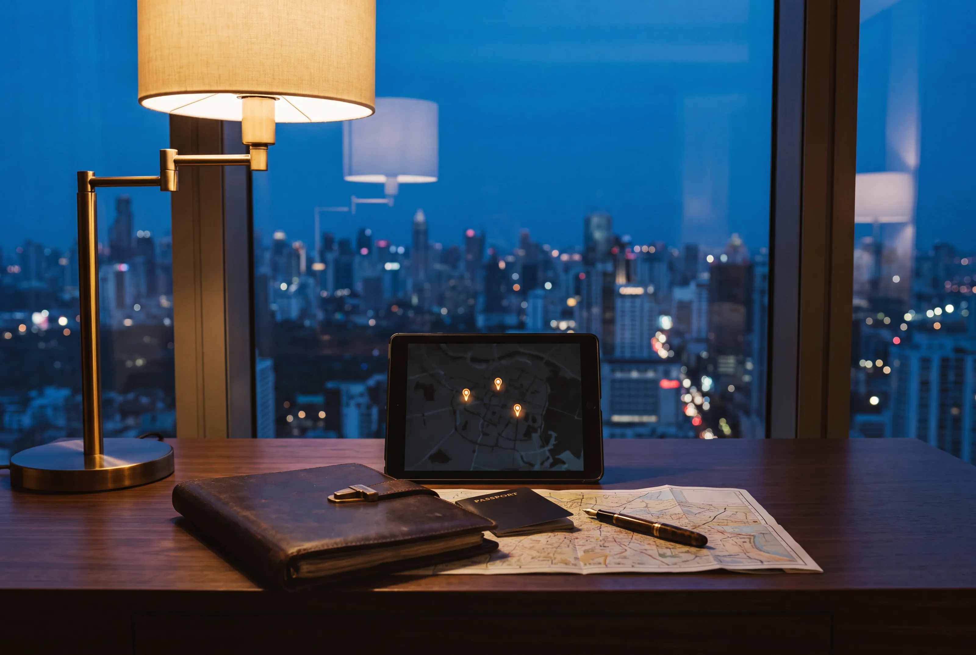 A desk by a window at dusk with a tablet showing a map with location pins, a passport, a paper map and a fountain pen, a city lit beyond
