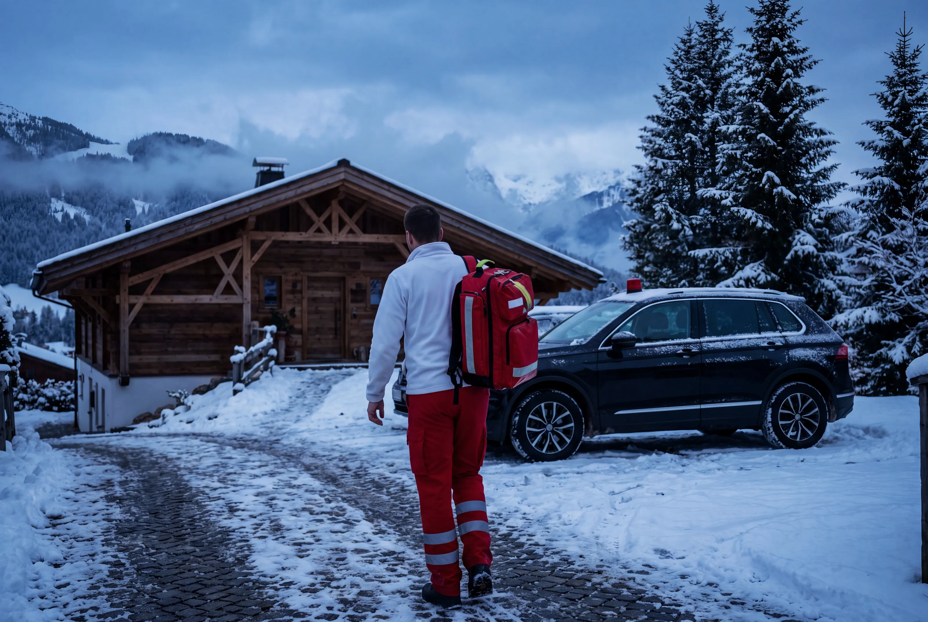 A paramedic with a red medical backpack walks across a snowy driveway towards an alpine chalet, a dark car parked beside it